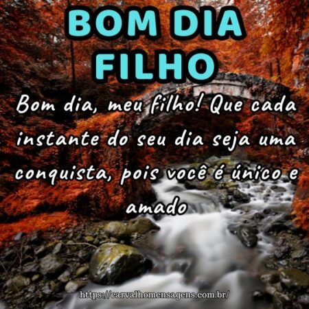 Bom dia, meu filho! Que cada instante do seu dia seja uma conquista, pois você é único e amado. Bom dia, meu filho! Que cada instante do seu dia seja uma conquista, pois você é único e amado.