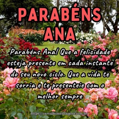 Parabéns Ana! Que a felicidade esteja presente em cada instante do seu novo ciclo. Que a vida te sorria e te presenteie com o melhor sempre. Parabéns Ana! Que a felicidade esteja presente em cada instante do seu novo ciclo. Que a vida te sorria e te presenteie com o melhor sempre.