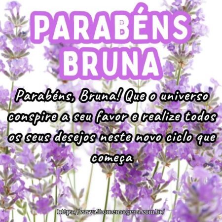 Parabéns, Bruna! Que o universo conspire a seu favor e realize todos os seus desejos neste novo ciclo que começa. Parabéns, Bruna! Que o universo conspire a seu favor e realize todos os seus desejos neste novo ciclo que começa.