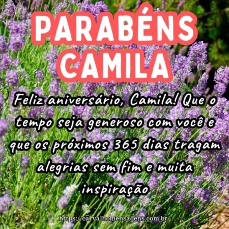 Feliz aniversário, Camila! Que o tempo seja generoso com você e que os próximos 365 dias tragam alegrias sem fim e muita inspiração. Feliz aniversário, Camila! Que o tempo seja generoso com você e que os próximos 365 dias tragam alegrias sem fim e muita inspiração.