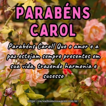 Parabéns Carol! Que o amor e a paz estejam sempre presentes em sua vida, trazendo harmonia e sucesso. Parabéns Carol! Que o amor e a paz estejam sempre presentes em sua vida, trazendo harmonia e sucesso.