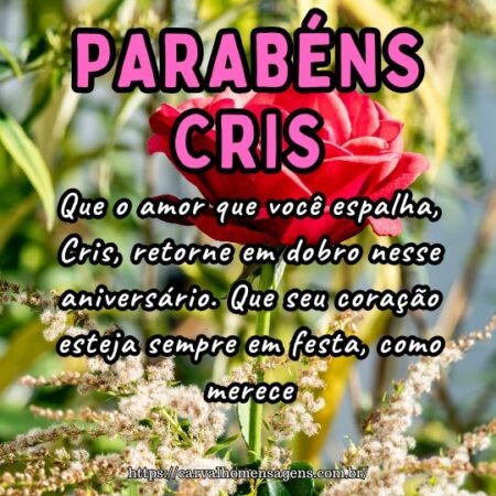 Que o amor que você espalha, Cris, retorne em dobro nesse aniversário. Que seu coração esteja sempre em festa, como merece. Que o amor que você espalha, Cris, retorne em dobro nesse aniversário. Que seu coração esteja sempre em festa, como merece.