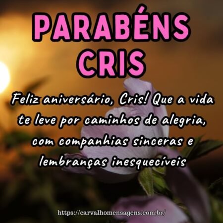Feliz aniversário, Cris! Que a vida te leve por caminhos de alegria, com companhias sinceras e lembranças inesquecíveis. Feliz aniversário, Cris! Que a vida te leve por caminhos de alegria, com companhias sinceras e lembranças inesquecíveis.
