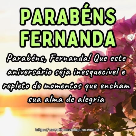 Parabéns, Fernanda! Que este aniversário seja inesquecível e repleto de momentos que encham sua alma de alegria. Parabéns, Fernanda! Que este aniversário seja inesquecível e repleto de momentos que encham sua alma de alegria.