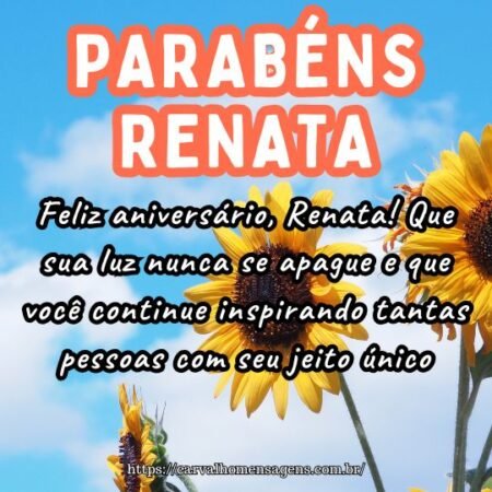 Feliz aniversário, Renata! Que sua luz nunca se apague e que você continue inspirando tantas pessoas com seu jeito único. Feliz aniversário, Renata! Que sua luz nunca se apague e que você continue inspirando tantas pessoas com seu jeito único.