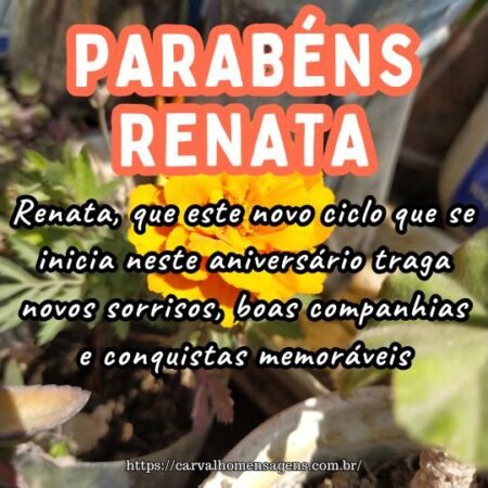 Renata, que este novo ciclo que se inicia neste aniversário traga novos sorrisos, boas companhias e conquistas memoráveis. Renata, que este novo ciclo que se inicia neste aniversário traga novos sorrisos, boas companhias e conquistas memoráveis.