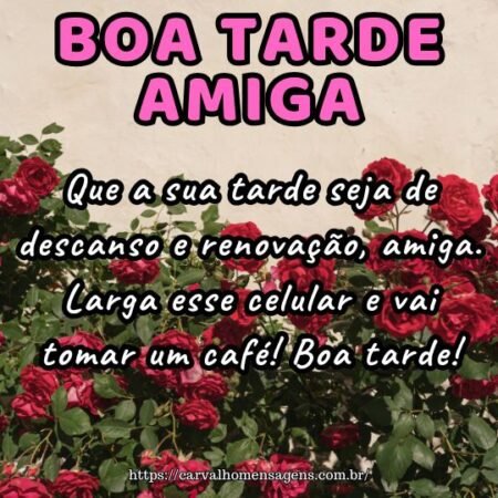 Que a sua tarde seja de descanso e renovação, amiga. Larga esse celular e vai tomar um café! Boa tarde! Que a sua tarde seja de descanso e renovação, amiga. Larga esse celular e vai tomar um café! Boa tarde!