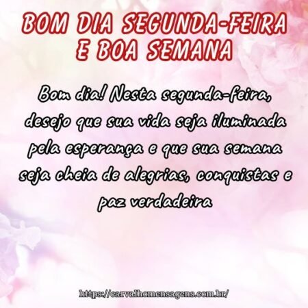 Bom dia! Nesta segunda-feira, desejo que sua vida seja iluminada pela esperança e que sua semana seja cheia de alegrias, conquistas e paz verdadeira. Bom dia! Nesta segunda-feira, desejo que sua vida seja iluminada pela esperança e que sua semana seja cheia de alegrias, conquistas e paz verdadeira.