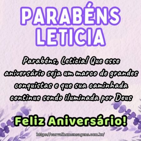 Parabéns, Letícia! Que esse aniversário seja um marco de grandes conquistas e que sua caminhada continue sendo iluminada por Deus. Parabéns, Letícia! Que esse aniversário seja um marco de grandes conquistas e que sua caminhada continue sendo iluminada por Deus.