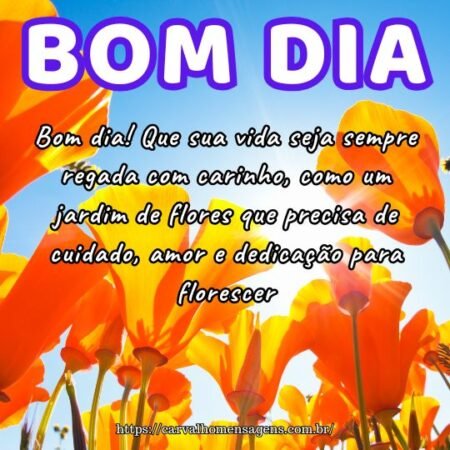 Bom dia! Que sua vida seja sempre regada com carinho, como um jardim de flores que precisa de cuidado, amor e dedicação para florescer. Bom dia! Que sua vida seja sempre regada com carinho, como um jardim de flores que precisa de cuidado, amor e dedicação para florescer.