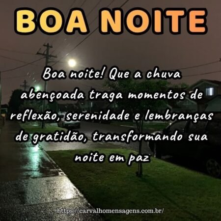 Boa noite! Que a chuva abençoada traga momentos de reflexão, serenidade e lembranças de gratidão, transformando sua noite em paz. Boa noite! Que a chuva abençoada traga momentos de reflexão, serenidade e lembranças de gratidão, transformando sua noite em paz.