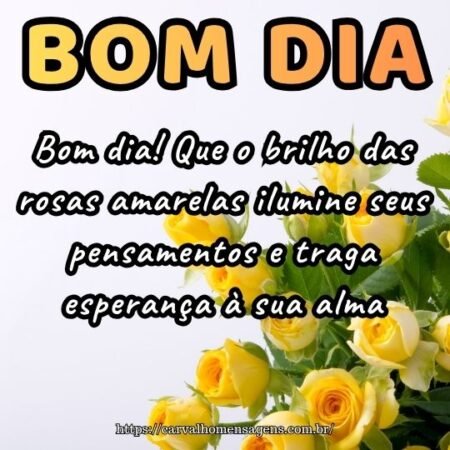 Bom dia! Que o brilho das rosas amarelas ilumine seus pensamentos e traga esperança à sua alma. Bom dia! Que o brilho das rosas amarelas ilumine seus pensamentos e traga esperança à sua alma.
