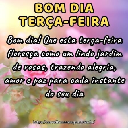 Bom dia! Que esta terça-feira floresça como um lindo jardim de rosas, trazendo alegria, amor e paz para cada instante do seu dia.