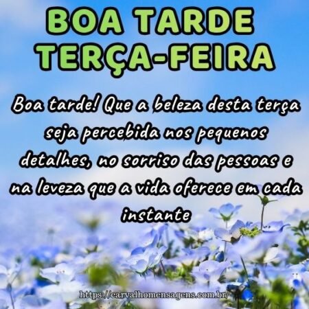 Boa tarde! Que a beleza desta terça seja percebida nos pequenos detalhes, no sorriso das pessoas e na leveza que a vida oferece em cada instante. Boa tarde! Que a beleza desta terça seja percebida nos pequenos detalhes, no sorriso das pessoas e na leveza que a vida oferece em cada instante.