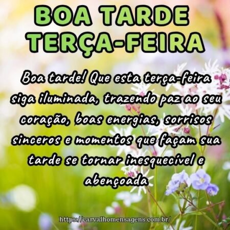 Boa tarde! Que esta terça-feira siga iluminada, trazendo paz ao seu coração, boas energias, sorrisos sinceros e momentos que façam sua tarde se tornar inesquecível e abençoada. Boa tarde! Que esta terça-feira siga iluminada, trazendo paz ao seu coração, boas energias, sorrisos sinceros e momentos que façam sua tarde se tornar inesquecível e abençoada.