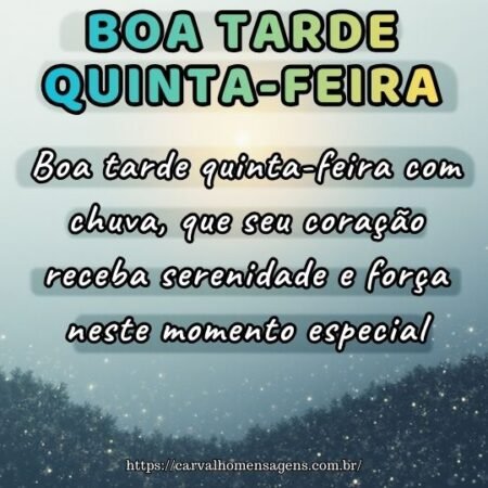 Boa tarde quinta-feira com chuva, que seu coração receba serenidade e força neste momento especial.