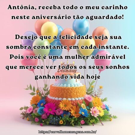 Antônia, receba todo o meu carinho neste aniversário tão aguardado! Desejo que a felicidade seja sua sombra constante em cada instante. Pois você é uma mulher admirável que merece ver todos os seus sonhos ganhando vida hoje.