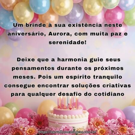 Um brinde à sua existência neste aniversário, Aurora, com muita paz e serenidade! Deixe que a harmonia guie seus pensamentos durante os próximos meses. Pois um espírito tranquilo consegue encontrar soluções criativas para qualquer desafio do cotidiano.