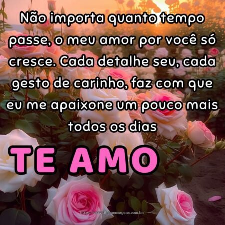 Não importa quanto tempo passe, o meu amor por você só cresce. Cada detalhe seu, cada gesto de carinho, faz com que eu me apaixone um pouco mais todos os dias.